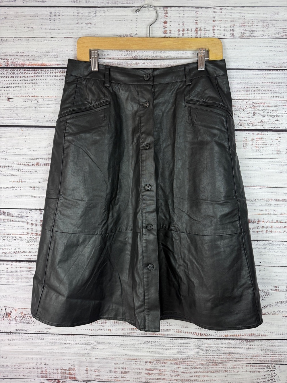 Banana Republic Faux Leather Button Front A-Line Skirt Petite 8 Black